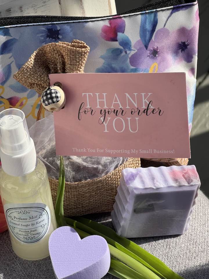 BEAUTIFUL GIFT SET. Perfume-Hydrating Mist. Burlap bag of soaps. Lilac Soap with sponge.
