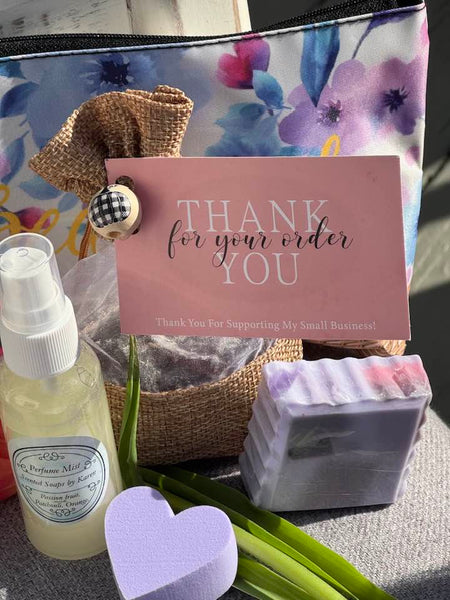 BEAUTIFUL GIFT SET. Perfume-Hydrating Mist. Burlap bag of soaps. Lilac Soap with sponge.