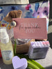BEAUTIFUL GIFT SET. Perfume-Hydrating Mist. Burlap bag of soaps. Lilac Soap with sponge.
