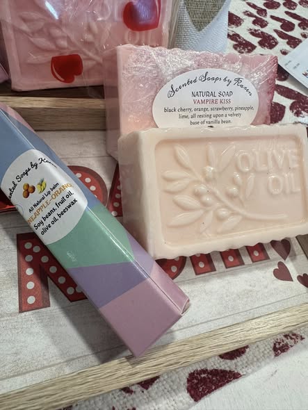 SALE. Valentine DATE NIGHT Tray with Goodies. 1. Vampire Kiss.  2.Pineapple and Orange Lip Balm 3. Peach Shea Butter Soap.