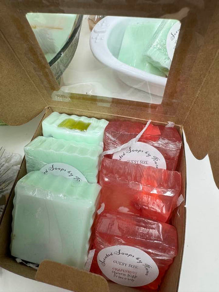 GUEST SIZE Box of Soaps. 3 Basil and Elderflower bars. 3 Grapefruit bars. Shea Butter and Glycerin
