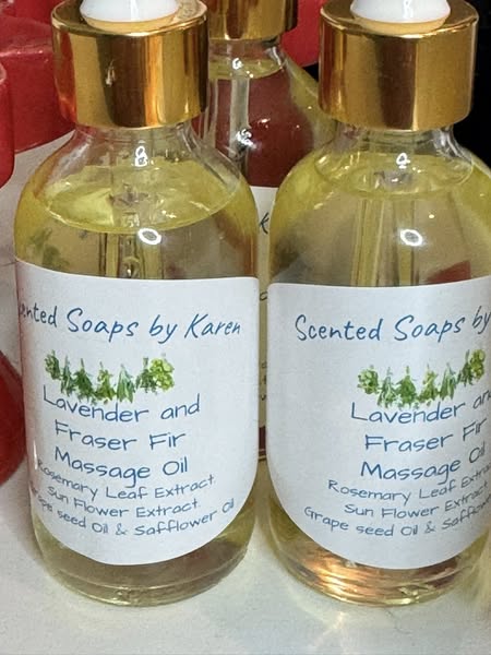 Lavender and Fraser Fir Massage Oil. Rosemary Leaf Extract, Sun Flower Extract, Grapeseed Oil, Safflower Oil
