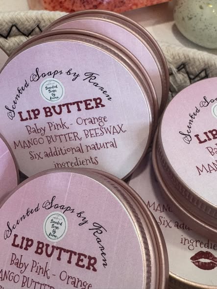 Baby Pink, Orange Lip Butter. Mango, beeswax and 4 additional natural ingredients. Edible pigment