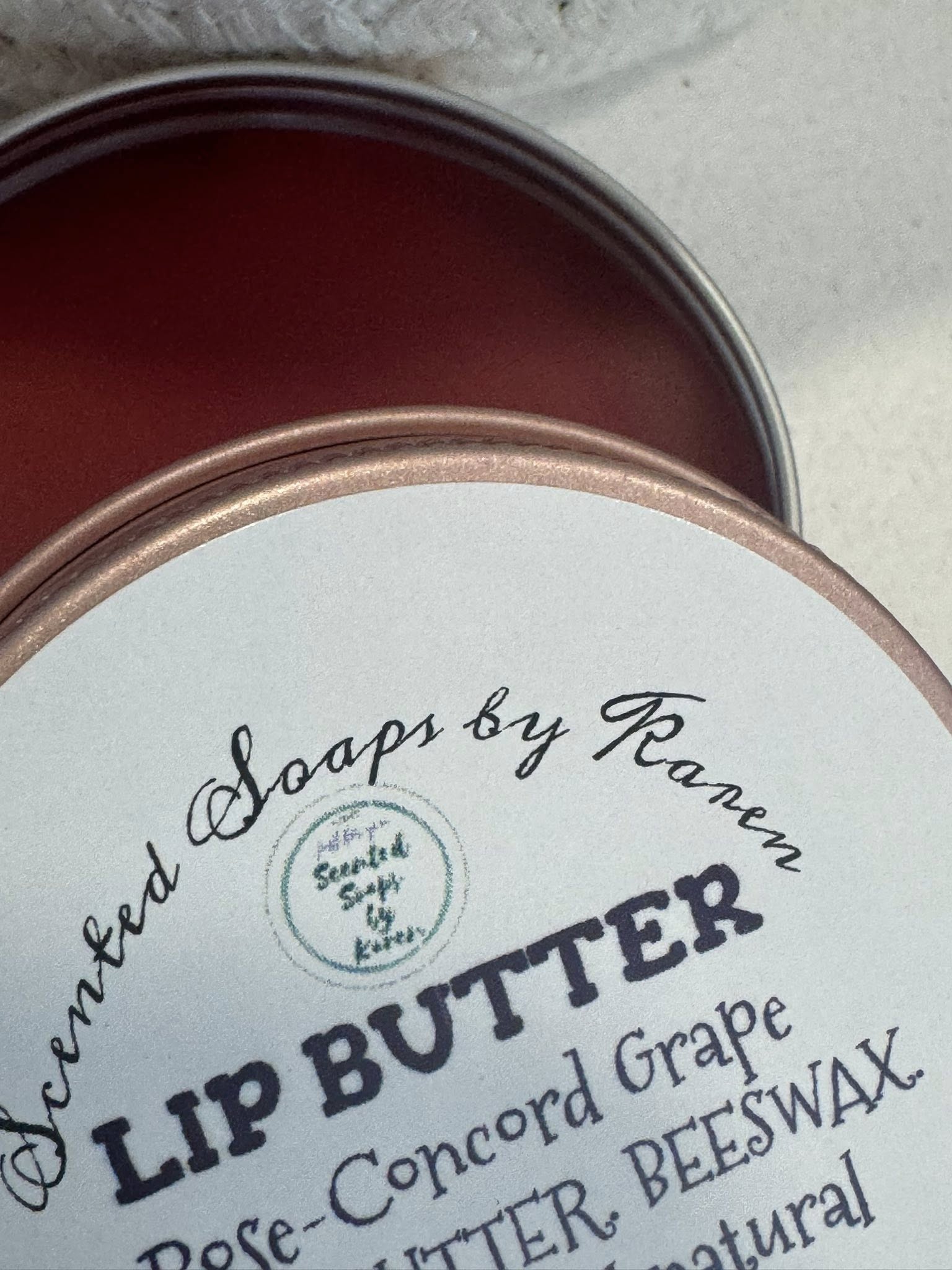 Rose- Concord Grape Lip Butter   Mango Butter, Beeswax 6 Additional Ingredients. Edible pigment.