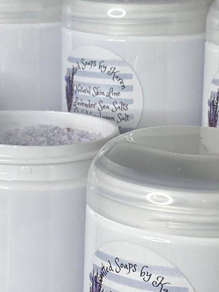 Lavender Sea Salts with freshly cut lavender and Pink Himalayan Sea Salt.  Lavender improves your quality of sleep.  Himalayan Salt has relaxing and calming properties.