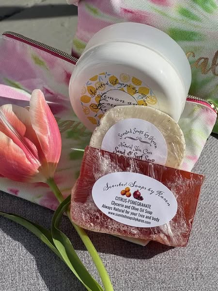 MAGICAL ZIPPED BAG. Green Tea and Lemon Lotion. Citrus Pomegranate Soap. Sand and Surf Sand Dollar Soap.
