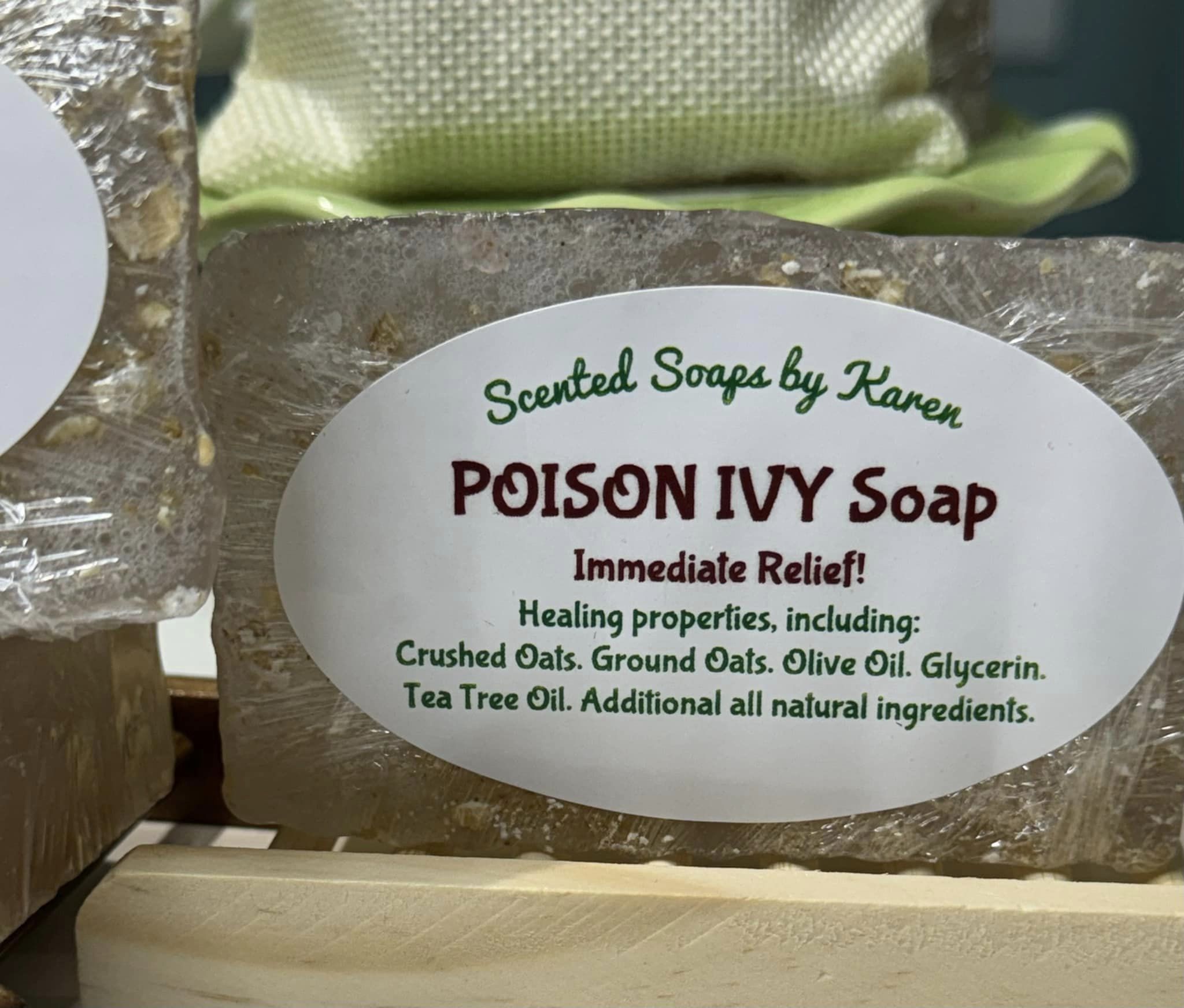 Poison Ivy Soap. Immediate Relief. Oats, both crushed and whole. Tea tree oil, additional natural ingredients. Tucked into a burlap bag with a heart.