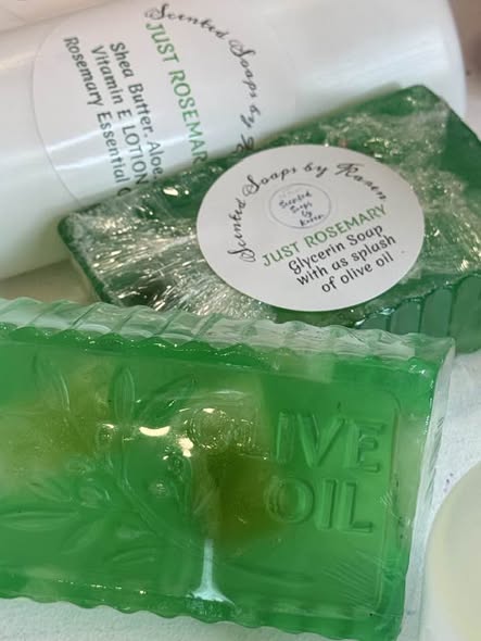 JUST ROSEMARY Glycerin Soap. Made with Rosemary Essential Oils. A splash of olive oil, several vitamins and natural ingredients.
