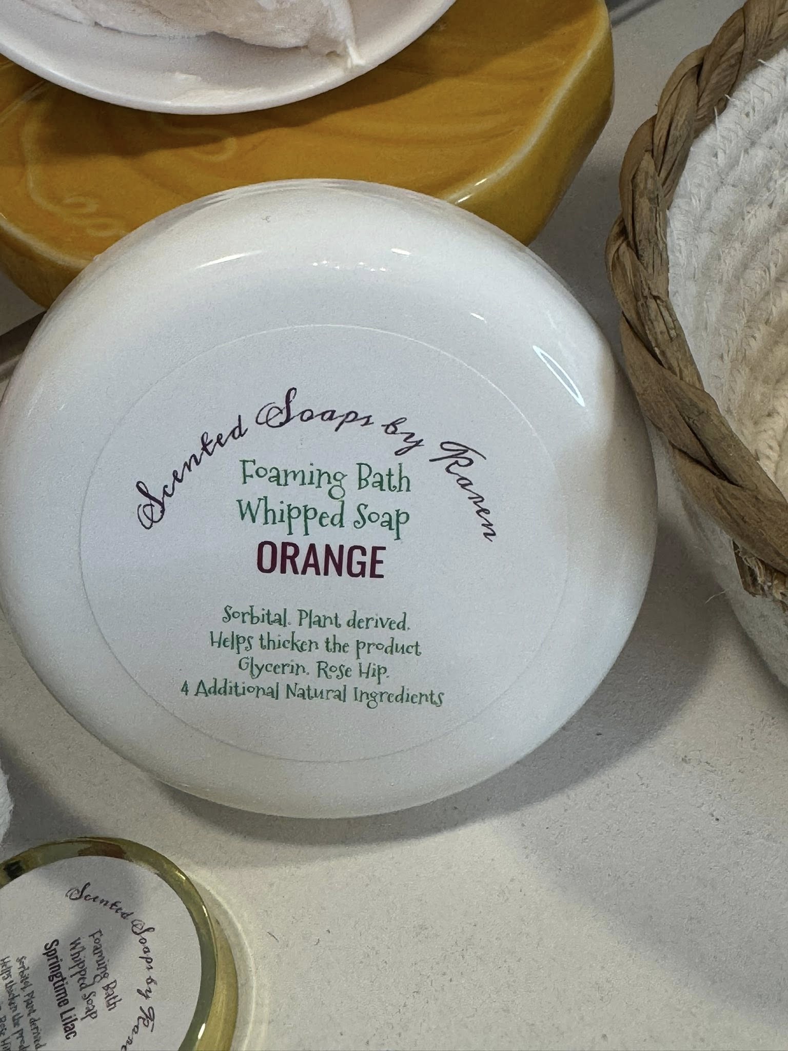 Foaming Bath Whipped Soap. ORANGE. Sorbitol plant derived helps thicken my product. Glycerin and Rose Hip. 4 additional natural ingredients
