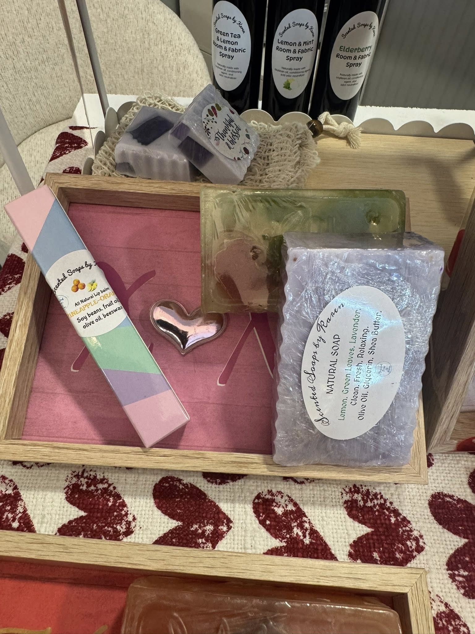 SALE. Valentine XOXO Tray with Goodies. 1. Lavender-Green Leaves- Lemon Soap. 2. Pineapple and Orange Lip Balm 3. Rosemary and Peppermint Soap.