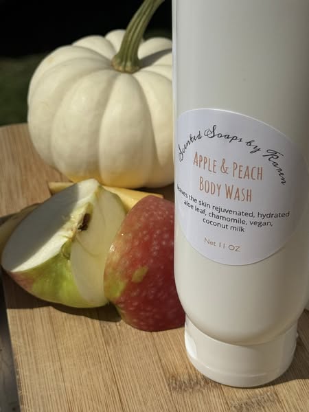 Apple and Peach Body Wash. My brand new luxurious Body Wash is made by me, for you. The recipe is NEW. I use coconut milk, which leaves the skin rejuvenated hydrated