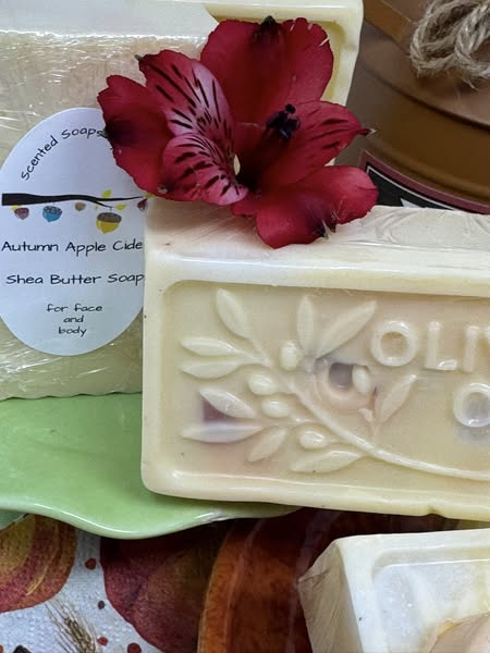 Autumn Apple Cider Soap for your face and body. Each bar has a rose shape soap in the center.
