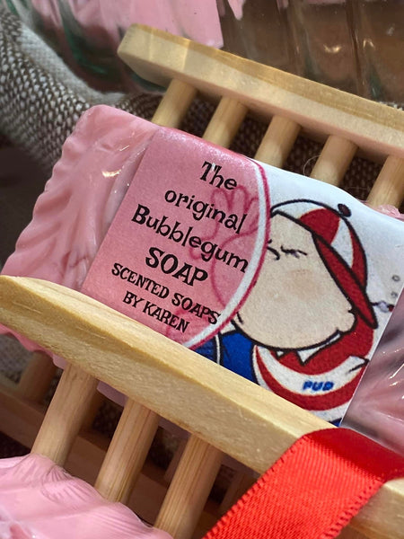 Bubblegum Soap made with Shea Butter and filled with Glycerin funfetti soap.  Handcrafted Bamboo Soap Holder. Wrapped with beautiful red ribbon.