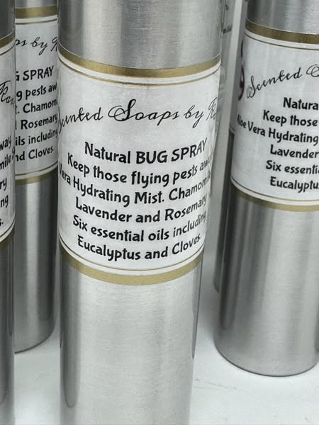 Natural bug spray. Aluminum bottles with spring-loaded cover. 2 new added ingredients to help keep those flying pests away.