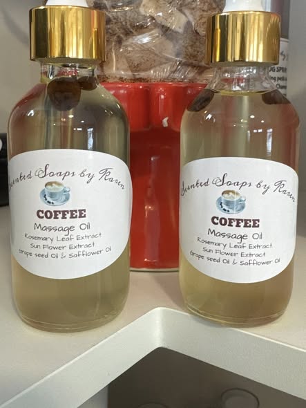 Coffee Massage Oil. Rosemary Leaf Extract, Sun Flower Extract, Grapeseed Oil, Safflower Oil.