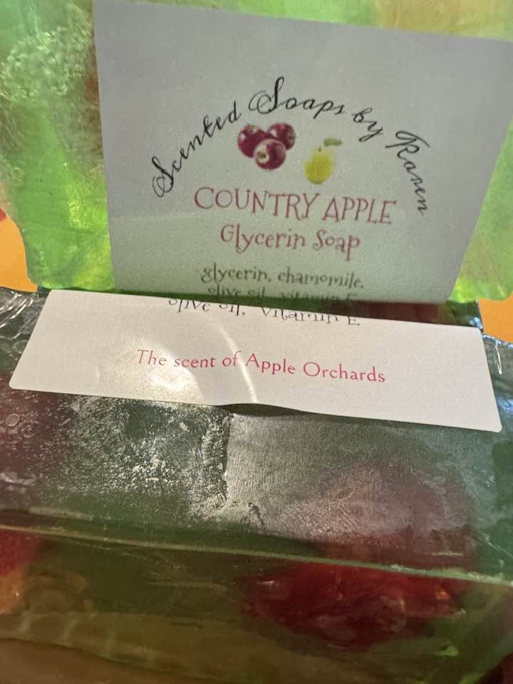 Country Apple Glycerin Soap. Glycerin, olive oil, chamomile, vitamin E.  A beautiful sunny hay ride through the apple orchards.