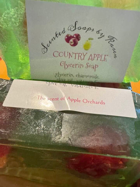 Country Apple Glycerin Soap. Glycerin, olive oil, chamomile, vitamin E.  A beautiful sunny hay ride through the apple orchards.
