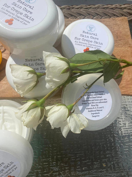 Tangerine Natural Skin Care Crepe Lotion for your entire body. Rose Hip in every jar.