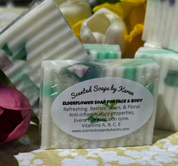 Elderflower Martini Soap. For your face and body. A blend reminiscent of a classic cocktail, featuring delicate floral notes accented by subtle hints of pear and strawberry.