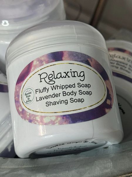 Fluffy Whipped Soap and Shaving Cream. Lavender. Glycerin, butters, oils, soy free products. The texture is light and fluffy. A little bit will go a long way.  Use for hand soap, shaving cream or body wash.