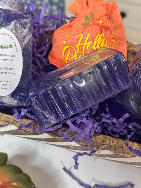 Lavender and Fraser Fir Olive Oil and Glycerin Soap for your face and body. Emotional balance oils.