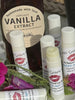 Lavender and Vanilla Lip Balm. Made with apple fruit, soy fruit, olive oil, local beeswax. For dry and cracked lips.