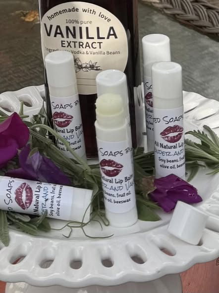 Lavender and Vanilla Lip Balm. Made with apple fruit, soy fruit, olive oil, local beeswax. For dry and cracked lips.