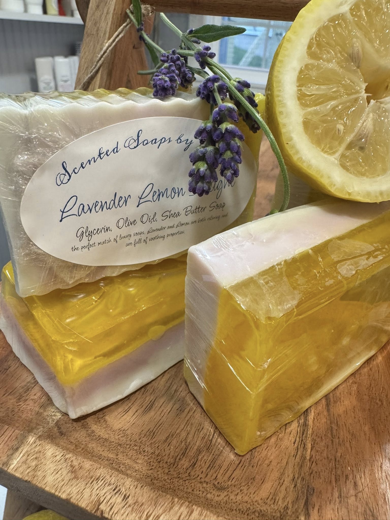 Lavender Lemon Shea Butter and Glycerin Soap. Half of the bar is lemon with a beautiful side dedicated to lavender
