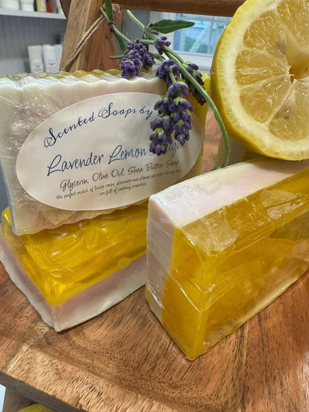 Lavender Lemon Shea Butter and Glycerin Soap. Half of the bar is lemon with a beautiful side dedicated to lavender