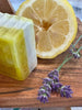 Lavender Lemon Shea Butter and Glycerin Soap. Half of the bar is lemon with a beautiful side dedicated to lavender