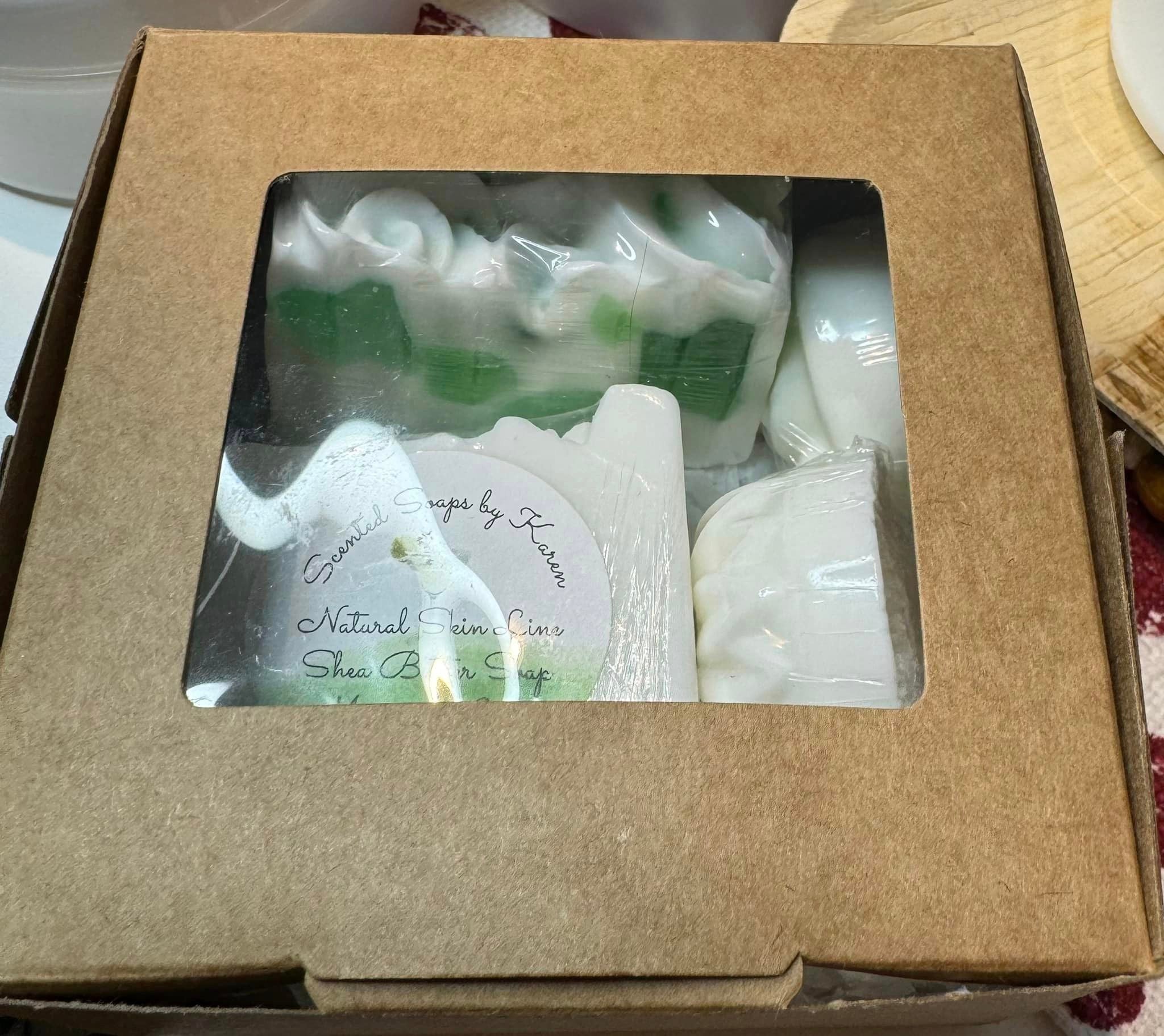 Margarita Lime whipped flowers on top of a beautiful white with green glycerin and shea butter soap. Large bar, medium bar and 2 rose guest size soaps.