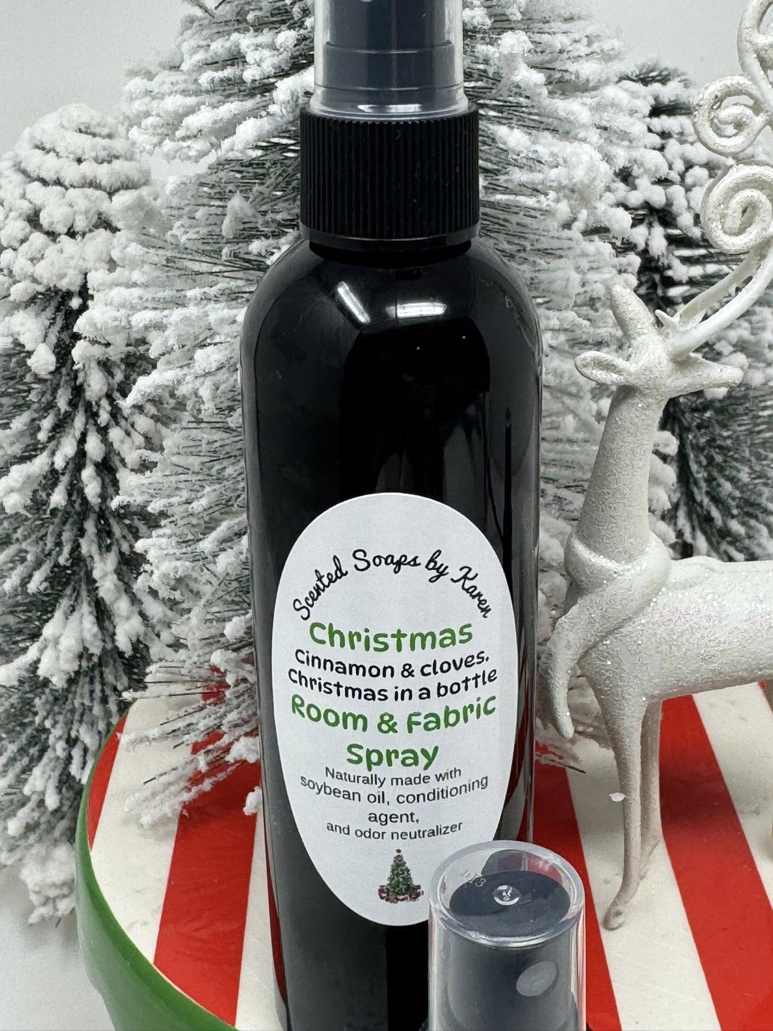 Room and Fabric Spray. Natural. 6 ounces each.   CHRISTMAS, CINNAMON AND CLOVES.  My new neutralizer spray will remove unwanted odors. Free of: Alcohol, gluten, sulfates, paraben. Cruelty free. Vegan