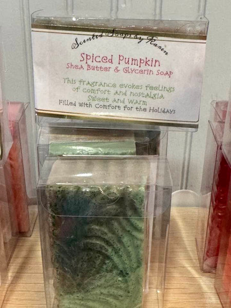 Spiced Pumpkin Shea Butter and Glycerin Soap.  This fragrance evokes feelings of comfort and nostalgia.  Sweet and warm. Filled with comfort for the holidays