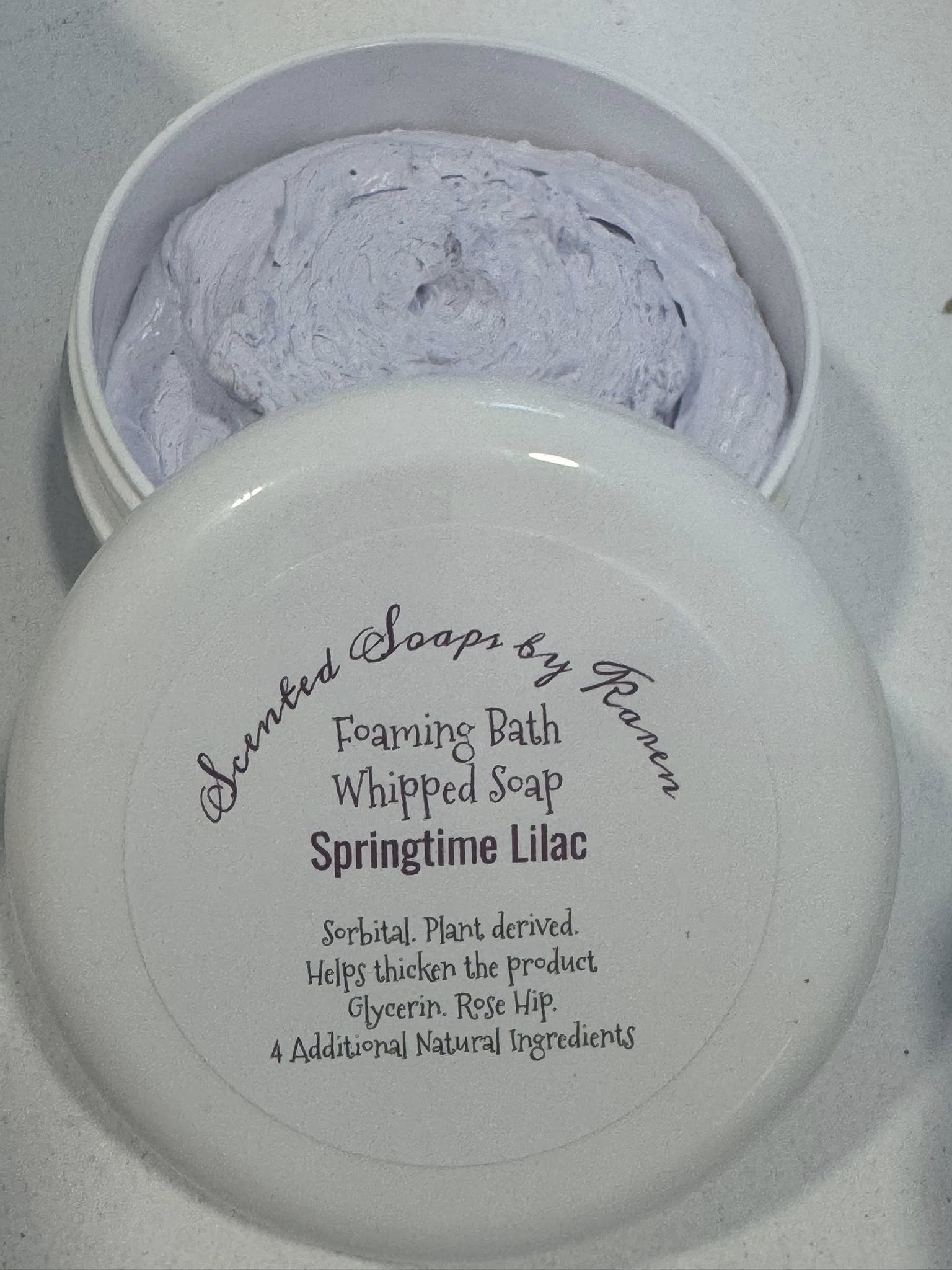 Foaming Bath Whipped Soap. Springtime Lilac. Sorbitol plant derived helps thicken my product  Glycerin and Rose Hip 4 additional natural ingredients