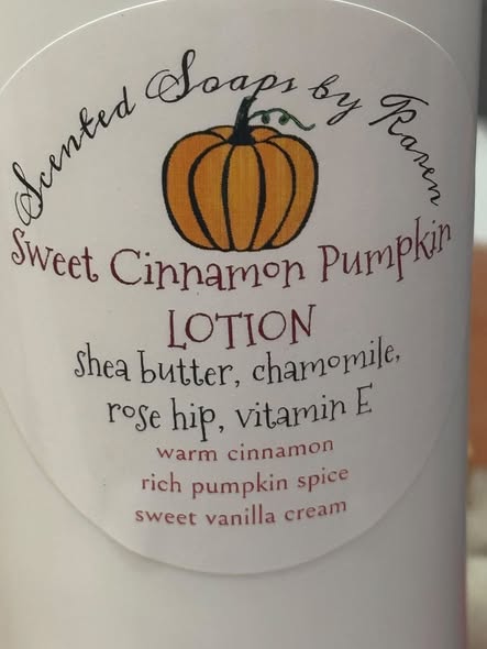 Sweet Cinnamon Pumpkin Lotion. Shea butter, chamomile, rose hip, vitamin E. Warm cinnamon. Rich pumpkin spice. Sweet vanilla cream