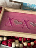 XOXO Wooden Tray. Soy and Coconut Sangria & Berry Candle. Pineapple Lip balm boxed. Berry Shea Butter Soap with Sisal bag.