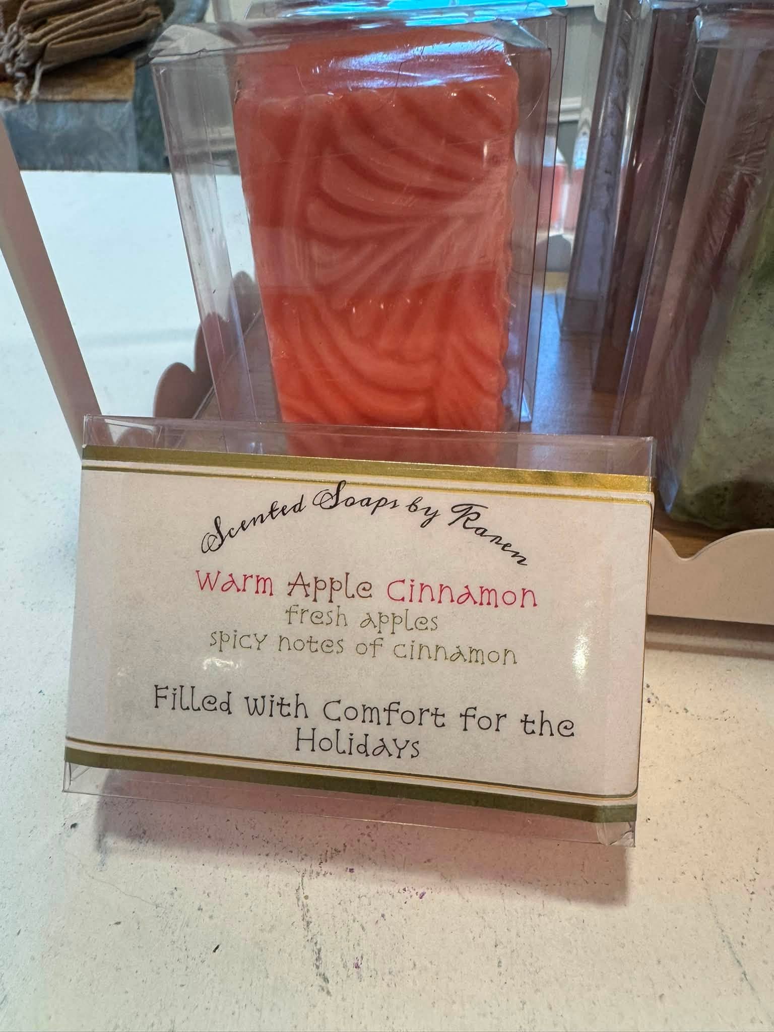 Warm Apple Cinnamon Glycerin Soap. Wrapped. Placed in clear box with ribbon.