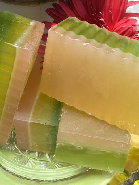Watermelon and Lemon Glycerin Soap. Three layers of the most delicious scent. Each layer has a combination of Watermelon and Lemon essential oils.  The middle layer, Lemon is filled with lemon essential oils.