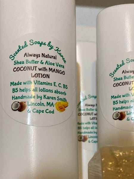 Coconut with Mango Lotion. Made with Vitamins E, C and B5.  B5 helps lotion absorb into your skin. Creating smooth, healing hands. 11 ounces.