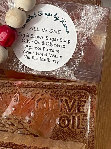 Refreshing Fig & Brown Sugar Soap. Apricot Pumice. Sweet floral. Warm Vanilla. Mulberry. Olive Oil and Glycerin.