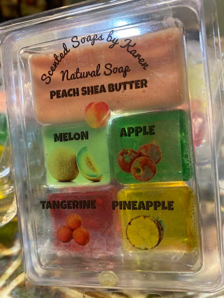 TRY THEM ALL. Fruit Soap Package. Each package comes with 6 mini soaps. 2 Peach 🍑 1 Melon 🍈 1 Apple 🍏🍎 1 Tangerine 🍊 1 Pineapple 🍍