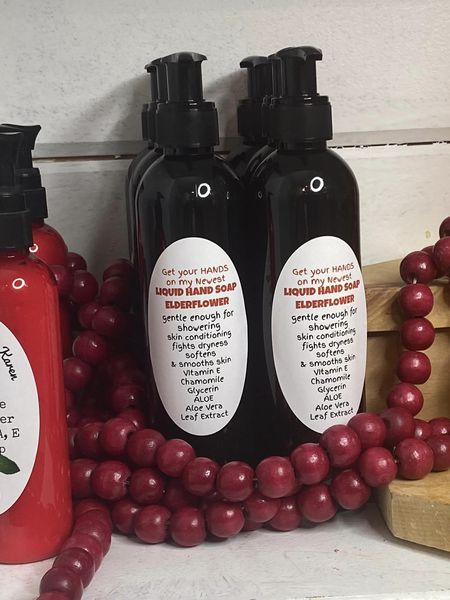 Hand Soap Pump. ELDERFLOWER. Gentle enough for showering. Skin conditioning properties. Fights dryness. Softens and smooths skin. Vitamin E. Chamomile. 10 ounces.