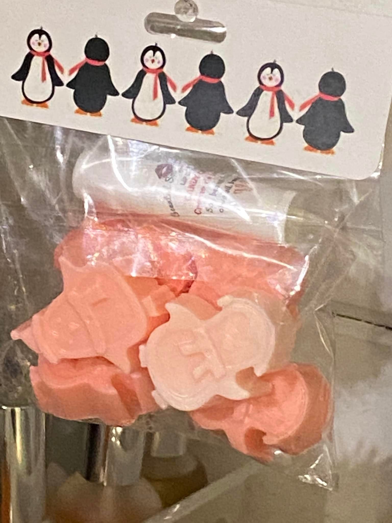 Peach Penguin Gift Bags with toppers. Includes 6 Peach Shea Butter Soaps. 1 Candy Candy Lip Balm.