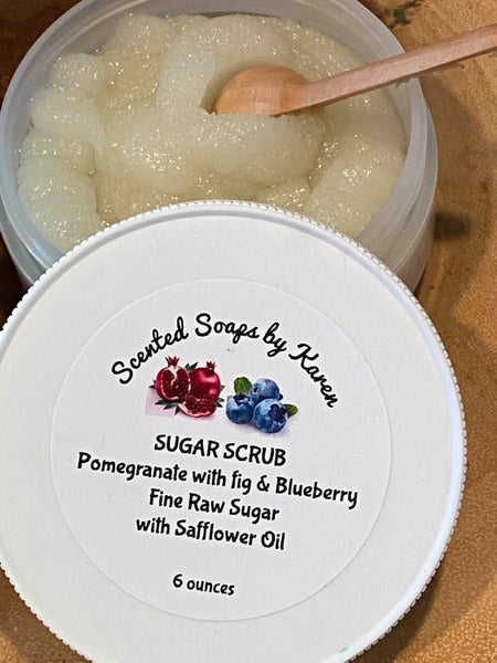 Pomegranate with fig and blueberry.  6 ounces of refreshing anti-inflammatory, skin toning sugar scrub. For your face and body.  Vitamin C helps boost the immune system.
