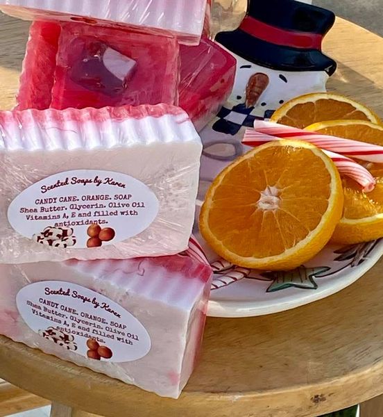 Candy Cane and Orange 🍊 soaps. Shea Butter, Glycerin, Olive Oil. Deliciousness!!!!