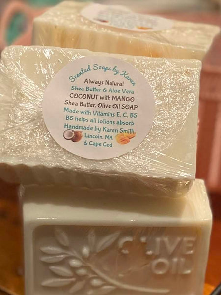 Coconut with Mango SOAP. Made with Vitamins E, C and B5.   B5 helps soap absorb into your skin. Creating smooth, healing hands, body and face.