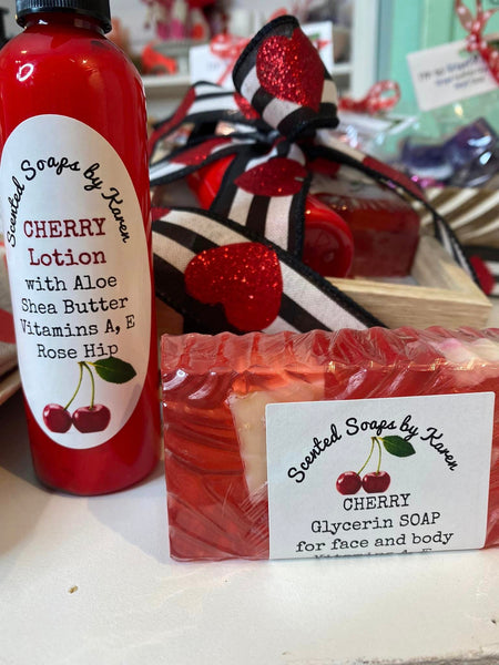 Date Night CHERRY Wooden Tray. Cherry Lotion. Cherry Soap. Filled with red pump bottle with my secret recipe including Shea Butter. Included, Cherry Glycerin Soap for your face and body.