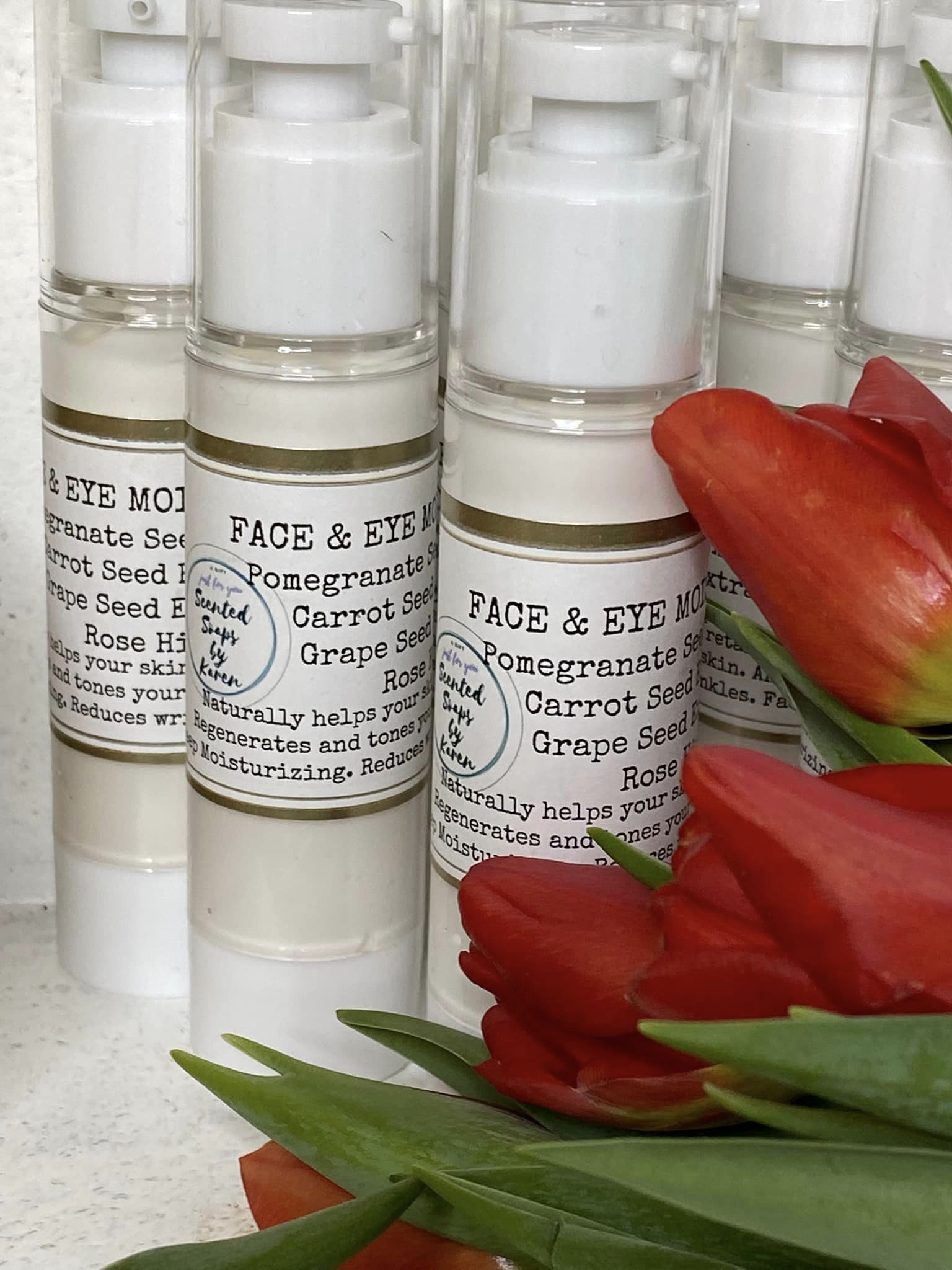 FACE & EYE MOISTURIZER. Made with Pomegranate Seed. Grape Seed Oil. Carrot Seed Oil. NEW INGREDIENTS: Rose Hip, Blueberry and fig.  3 ounces.