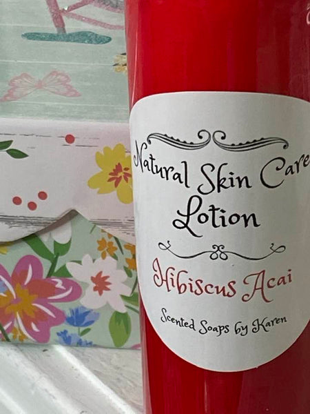 Natural Skin Care. Hibiscus and Acai Lotion. Shea butter and vitamins that include a citrus, slight floral scent.