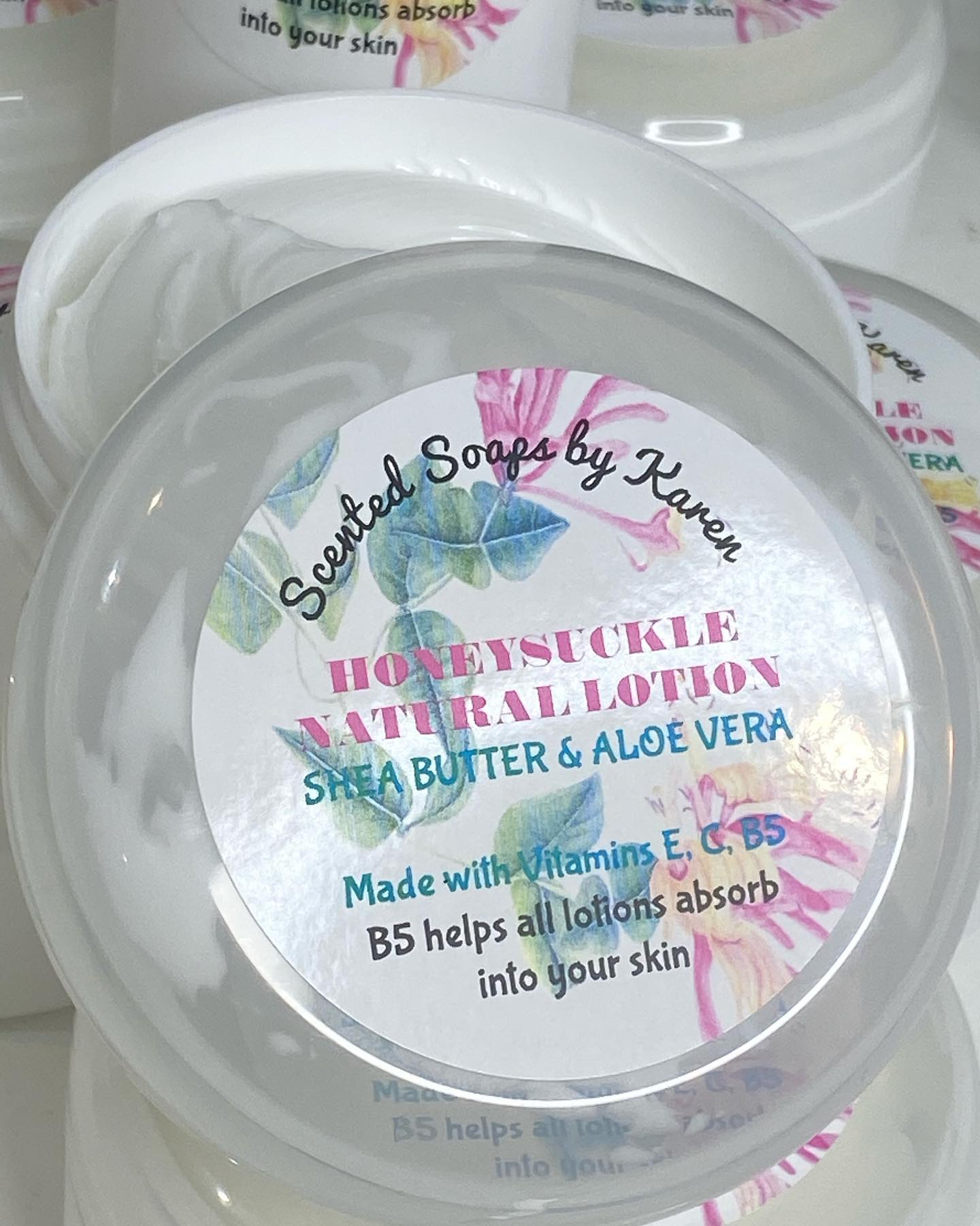 Honeysuckle Lotion in NEW jars. Made with Green Tea.Vitamin C included. Helps boost your immune system.